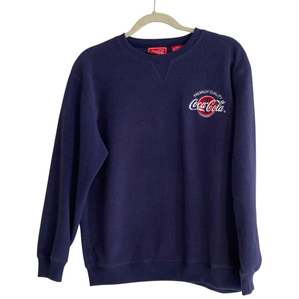 Vintage Y2K Coca Cola Blue Red Embroidered Fleece Crew Neck Sweatshirt Sz Medium